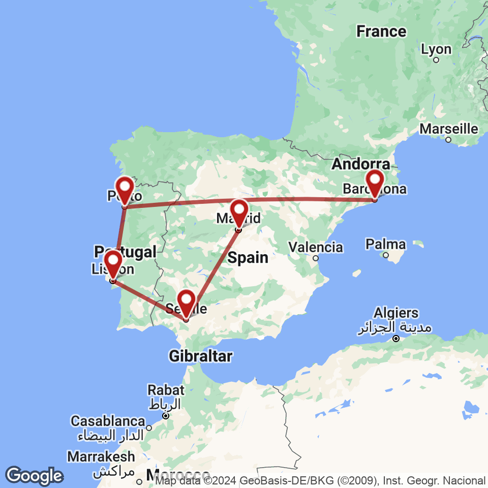 Route for Barcelona, Porto, Lisbon, Seville, Madrid tour